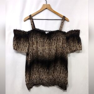 Avenue Animal Print Cold Shoulder Top Women's  26/28 Brown Boho Retro 90s Y2K
